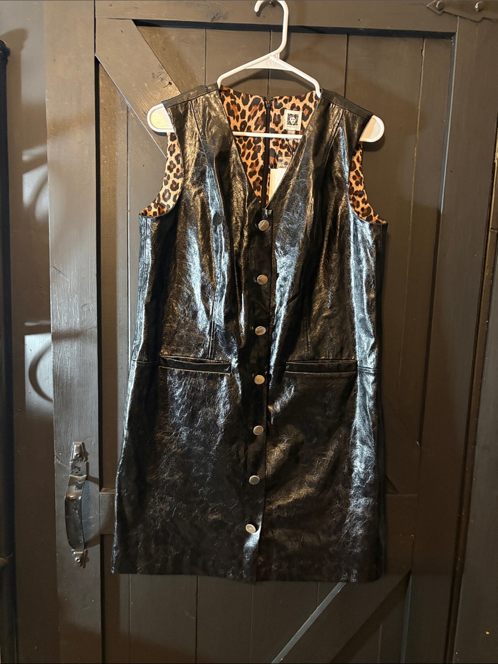 Anne Klein Black Faux-Leather Sleeveless Button-Front Dress with Leopard Lining
